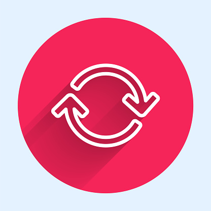 White line Refresh icon isolated with long shadow. Reload symbol. Rotation arrows in a circle sign. Red circle button. Vector Illustration
