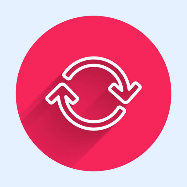 White line Refresh icon isolated with long shadow. Reload symbol. Rotation arrows in a circle sign. Red circle button. Vector Illustration White line Refresh icon isolated with long shadow. Reload symbol. Rotation arrows in a circle sign. Red circle button. Vector Illustration repetition stock illustrations
