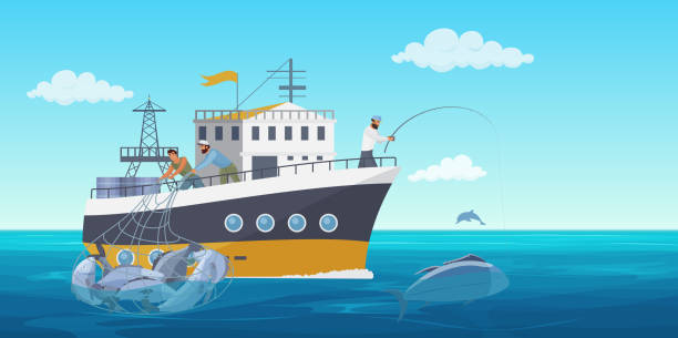 illustrations, cliparts, dessins animés et icônes de pêcheurs dans l’illustration vectorielle de bateau de bateau de pêche, fond plat d’industrie de pêche de dessin animé avec le pêcheur attrapant des fruits de mer de poisson - anglerfish sea fish underwater