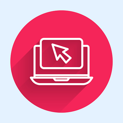 White line Laptop and cursor icon isolated with long shadow. Computer notebook with empty screen sign. Red circle button. Vector Illustration