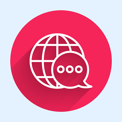 White line World map made from speech bubble icon isolated with long shadow. Global communication scheme on Earth. Red circle button. Vector Illustration