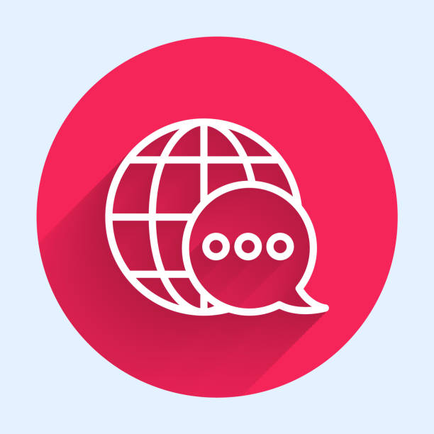 White line World map made from speech bubble icon isolated with long shadow. Global communication scheme on Earth. Red circle button. Vector Illustration White line World map made from speech bubble icon isolated with long shadow. Global communication scheme on Earth. Red circle button. Vector Illustration world news stock illustrations