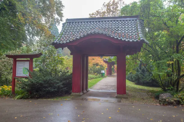 Entrance gate to  japanese garden in Leverkusen - Amazing autumn in North Rhine Westphalia