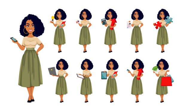 ilustraciones, imágenes clip art, dibujos animados e iconos de stock de hermosa mujer de negocios afroamericana - group of objects business human resources laptop