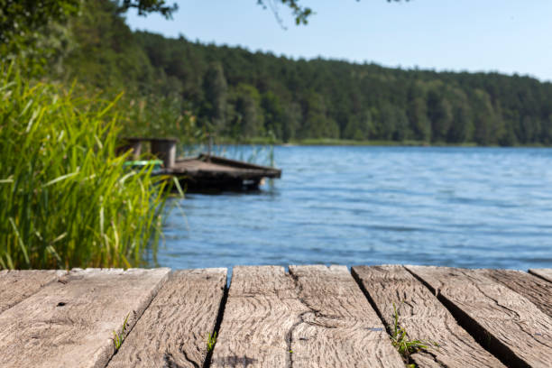 ветхий деревянный пешеходный мост с видом на красивое природное озеро - jetty old wood obsolete стоковые фото и изображения