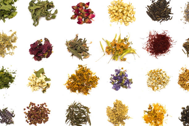 Herbal tea flowers collection on white background flat lay pattern