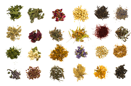 Herbal tea flowers collection on white background flat lay pattern