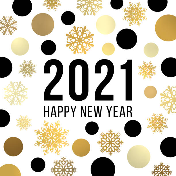 Happy New Year 2021 banner design. Festive greeting card. Black and gold glowing light shining circles snowflakes pattern. Christmas decoration with celebrating text. Bright golden vector illustration Happy New Year 2021 banner design. Festive greeting card. Black and gold glowing light shining circles snowflakes pattern. Christmas decoration with celebrating text. Bright golden vector illustration 2021 background stock illustrations
