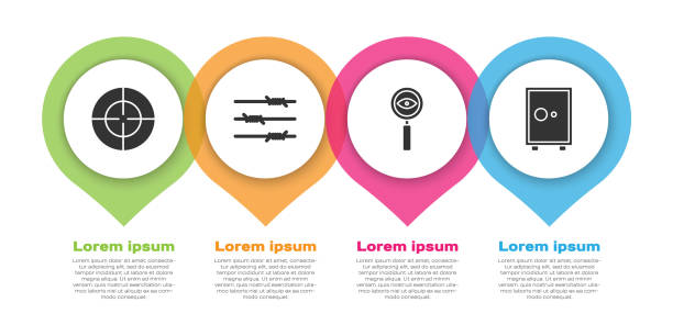 Set Target sport, Barbed wire, Magnifying glass Search and Safe. Business infographic template. Vector Set Target sport, Barbed wire, Magnifying glass Search and Safe. Business infographic template. Vector focus areas stock illustrations