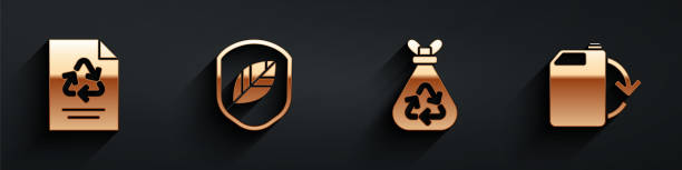 istock Set Paper with recycle, Shield with leaf, Garbage bag with recycle and Eco fuel canister icon with long shadow. Vector 1271405902