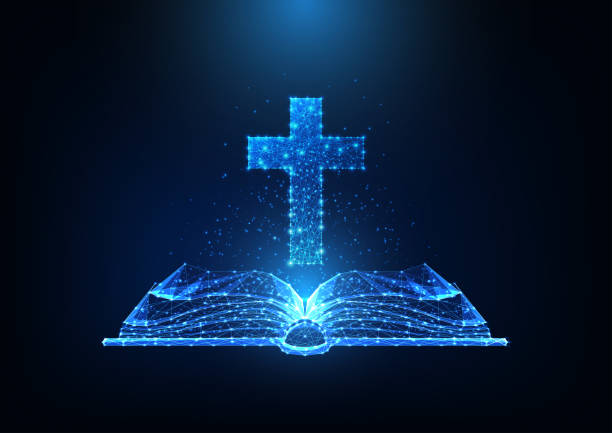 ilustraciones, imágenes clip art, dibujos animados e iconos de stock de concepto de adoración al cristianismo futurista con una biblia abierta poligonal baja brillante y cruz cristiana - biblia abierta 3d