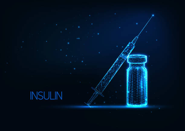 Futuristic diabetes treatment with insulin concept with glowing low polygonal vial and syringe Futuristic diabetes treatment with insulin concept with glowing low polygonal vial and syringe with medicament on dark blue background. Modern wireframe mesh design vector illustration. diabetes backgrounds stock illustrations