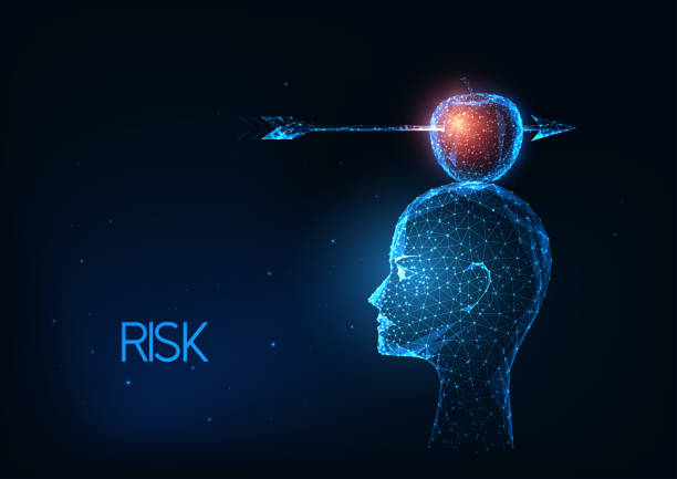 istock Futuristic risk management, business concept with glowing low polygonal head with apple and arrow 1271407647