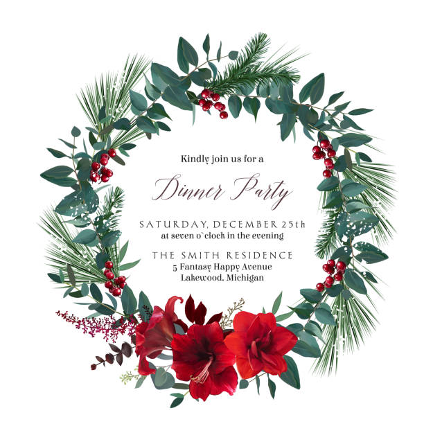 с рождеством христовым и с новым годом сезонные карты. - poinsettia christmas wreath flower stock illustrations