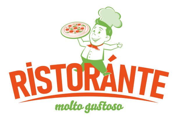 illustrations, cliparts, dessins animés et icônes de drôle pizzeria logo rétro avec texte italien qui signifie restaurant très délicieux - chef men one person cooking