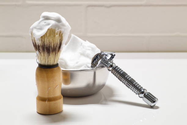 istock Shaving set with blade, brush and bowl with foam 1271409733