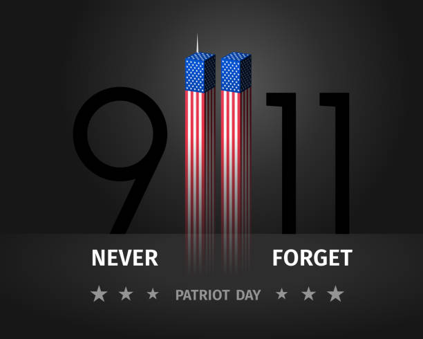 9/11 USA Patriot Day. Never Forget September 11, 2001. Conceptual illustration for Patriot Day US poster or banner 9/11 USA Patriot Day. Never Forget September 11, 2001. Conceptual illustration for Patriot Day US poster or banner. Twin Towers stylized with American flag on black background. Vector illustration never stock illustrations