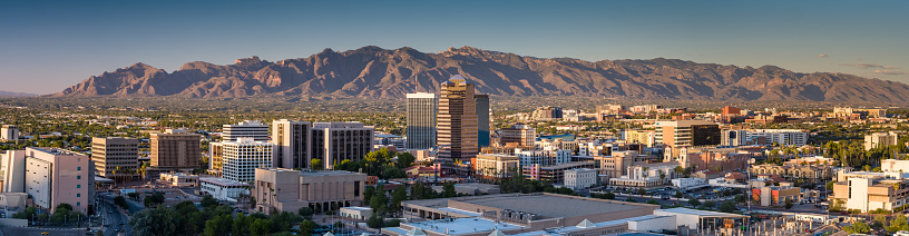 Aerial panorama of Downtown Tucson, Arizona at sunset.