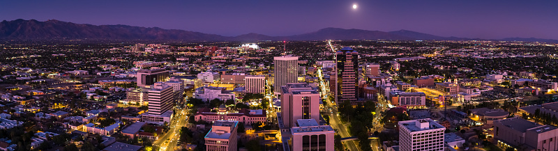 Aerial panorama of Downtown Tucson, Arizona at twilight.