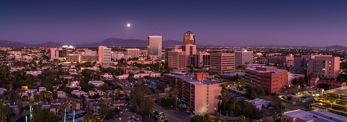 Aerial panorama of Downtown Tucson, Arizona at twilight.