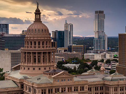 Aerial shot of the state capitol of Texas in Downtown Austin.