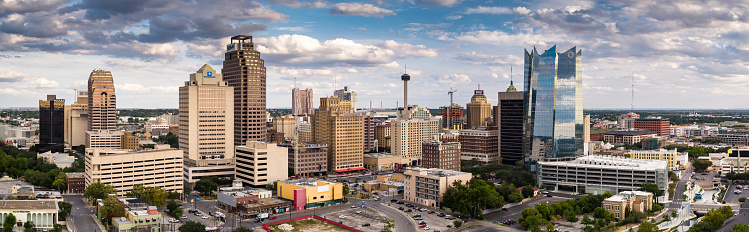 Aerial panorama of San Antonio, Texas on a cloudy afternoon.