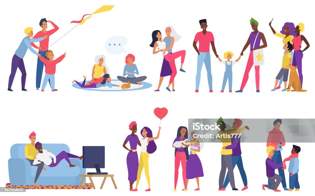 Lgbt Couple People Vector Illustration Flat Set Cartoon Happy Man Woman  Lover Characters Hug Gay Lesbian Parents Take Care Of Adopted Children  Stock Illustration - Download Image Now - iStock