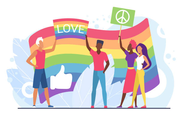 lgbt love concept vector illustration, kreskówka płaskie osoby homoseksualne trzymające tęczową flagę i tabliczki z symbolem miłości i pokoju - placard holding celebration women stock illustrations