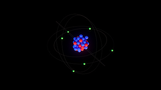Cosmic atom model on black background. 3D Render