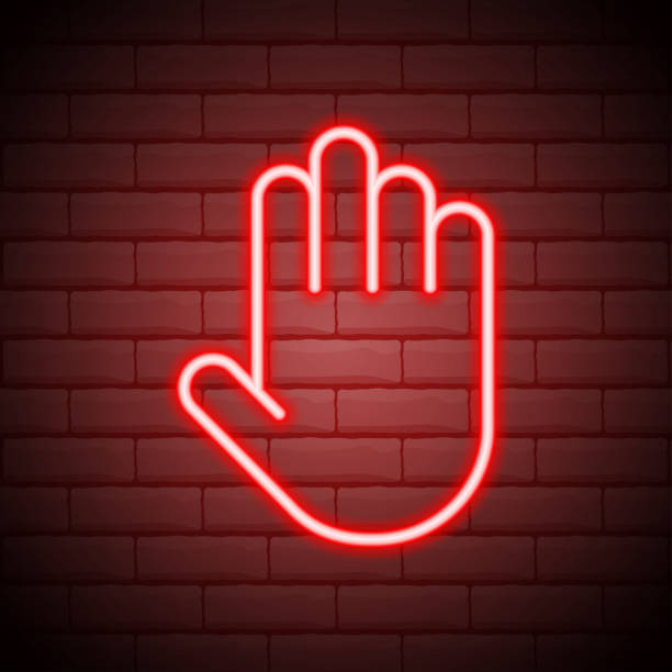 istock Neon sign hand palm. Red sign on a brick wall background. vector illustration. 1271414840