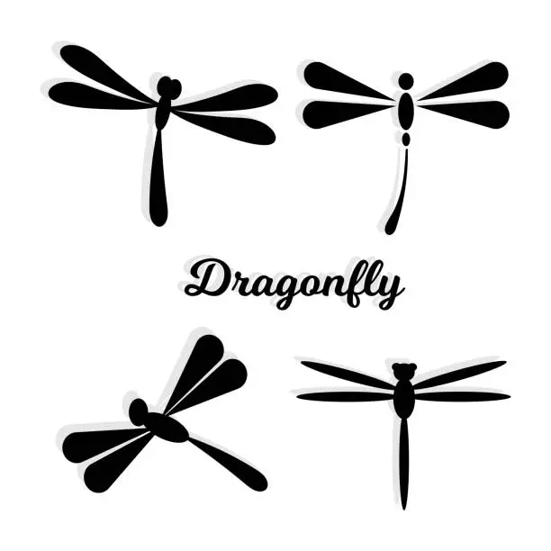 Vector illustration of illustration with five dragonfly silhouettes isolated on white