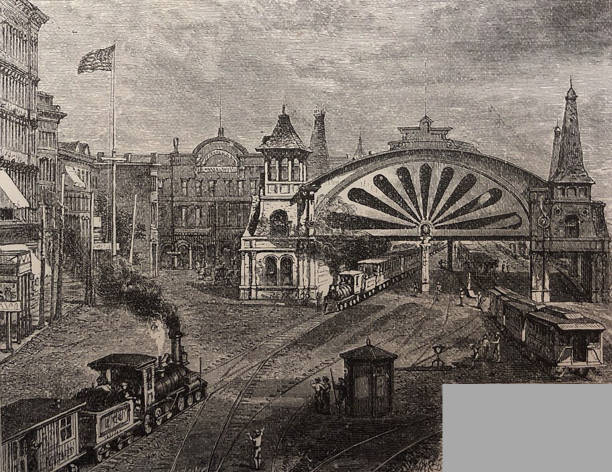 Antique illustration - Railroad depot Atlanta Georgia Antique illustration - from Harper's Monthly Vol 60 - 1880 train station black and white stock illustrations