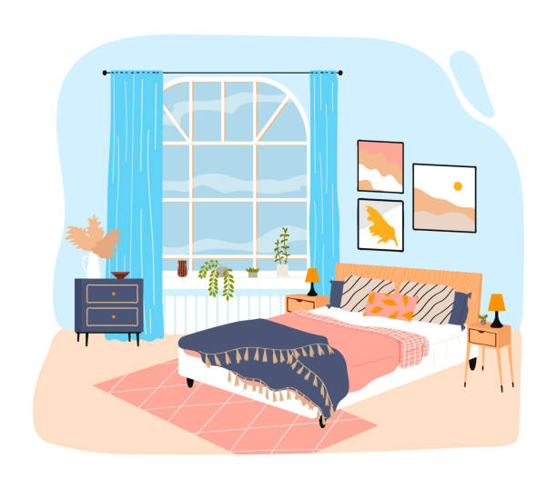 Interior room in house, bedroom with large bed, blanket and pillows, design cartoon style vector illustration, isolated on white. Interior room in house, bedroom with large bed, blanket and pillows, design cartoon style vector illustration, isolated on white. Large window, trendy paintings on wall, green plants pots windowsill. head board bed blue stock illustrations