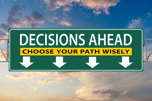 Decisions Ahead, Choose Your Path Wisely, illustration freeway green sign