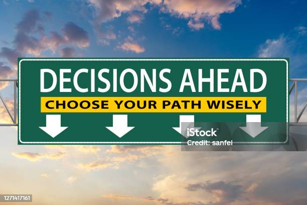 Decisions Ahead Choose Your Path Wisely Illustration Freeway Green Sign Stock Photo - Download Image Now