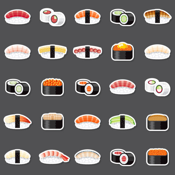 sushi-aufkleber-set - sake nigiri stock-grafiken, -clipart, -cartoons und -symbole