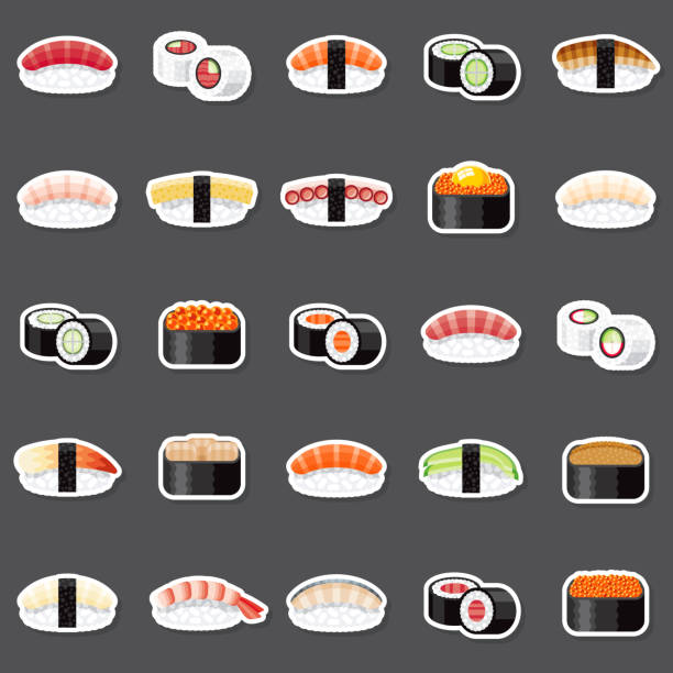 ilustraciones, imágenes clip art, dibujos animados e iconos de stock de conjunto de pegatinas de sushi - comida japonesa