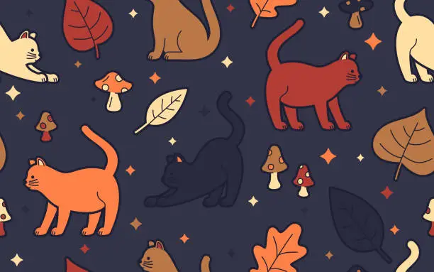 Vector illustration of Autumn Cats Seamless Background Pattern