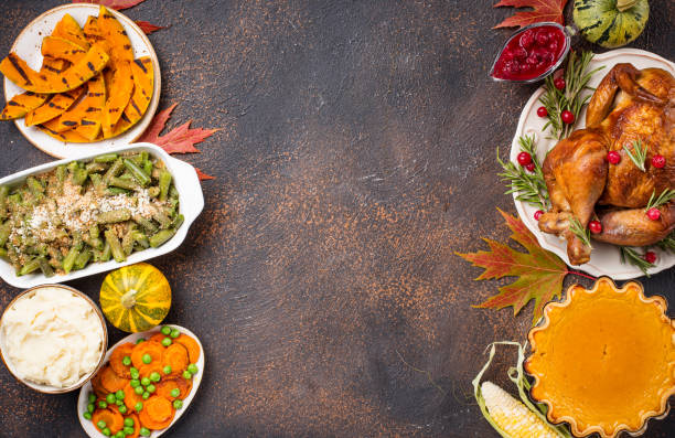 Thanksgiving Day traditional festive dinner Thanksgiving Day traditional dinner. Baked turkey, pumpkin pie, green beans casserole and mashed potato happy green peas stock pictures, royalty-free photos & images