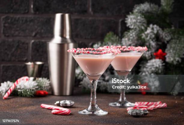 Pink Peppermint Martini With Candy Cane Rim Stock Photo - Download Image Now - Christmas, Cocktail, Vodka