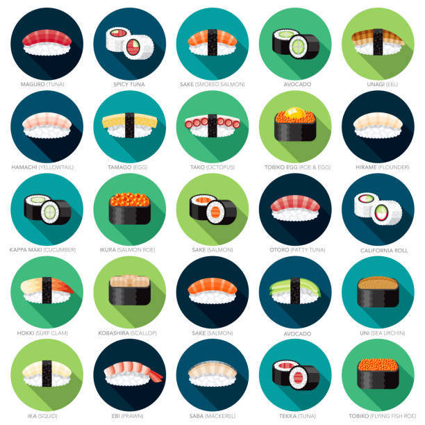 sushi icon set - sake nigiri stock-grafiken, -clipart, -cartoons und -symbole