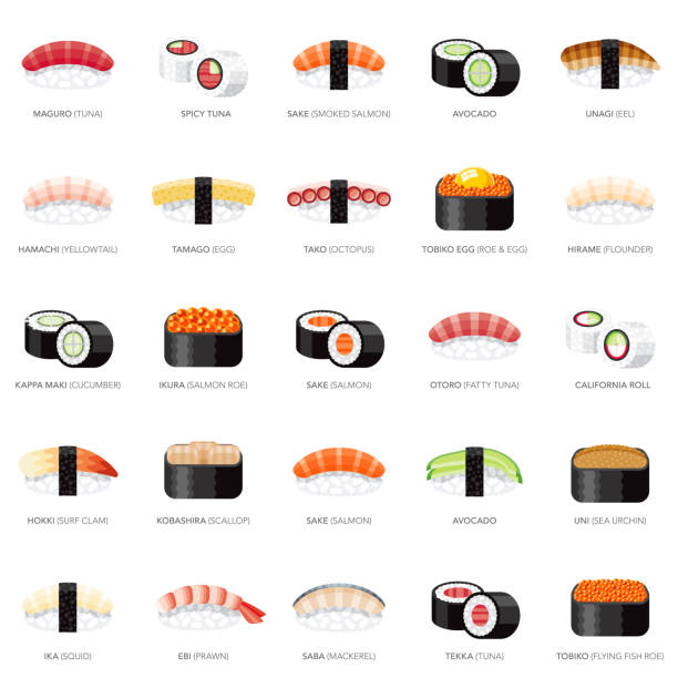 sushi icon set - sake nigiri stock-grafiken, -clipart, -cartoons und -symbole