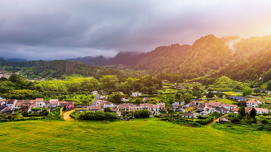 View of Furnas Village in SÃ£o Miguel Island, Azores, Portugal. View of Furnas a famous village for hotsprings geothermal in SÃ£o Miguel Island Azores Portugal.