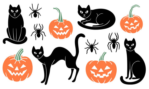 ilustraciones, imágenes clip art, dibujos animados e iconos de stock de set de halloween dibujado a mano con gatos negros, calabazas talladas y arañas - linterna de halloween ilustraciones
