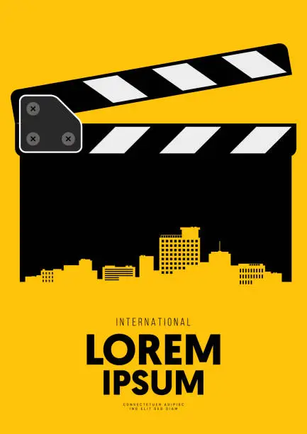 Vector illustration of Movie and film poster design template background with clapperboard and city skyline