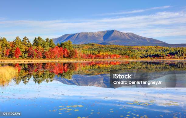 Mount Katahdin Reflection On A Small Pond In Maine Stock Photo - Download Image Now - Mt Katahdin, Maine, Autumn