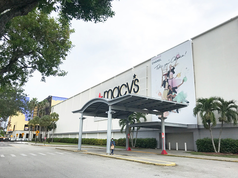 Miami, Florida, United States - September 8, 2020: General view of closed Macy's retail store at Dadeland Mall in Miami during the Covid-19 Corona Virus Quarantine.\n\nMacys is a national chain of department stores that offers apparel, shoes, jewelry, cosmetics and accessories for women, men and children, as well as general merchandise and one of the oldest department stores operating in whole United States.