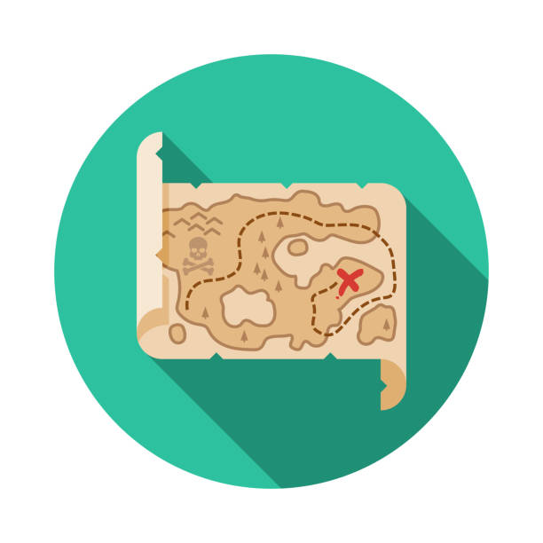 Treasure Map Role Playing Game Icon A flat design Role Playing Game (RPG) icon with long side shadow. File is built in the CMYK color space for optimal printing. Color swatches are global so it’s easy to change colors across the document. map treasure map old pirate stock illustrations