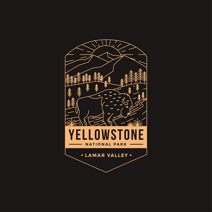 Lineart Emblem patch vector illustration of Lamar Valley Yellowstone National Park