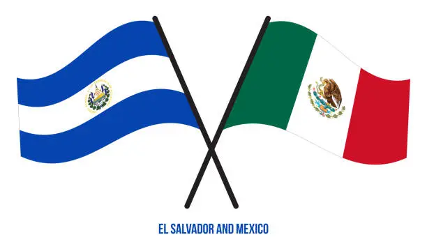 Vector illustration of El Salvador and Mexico Flags Crossed And Waving Flat Style. Official Proportion. Correct Colors.